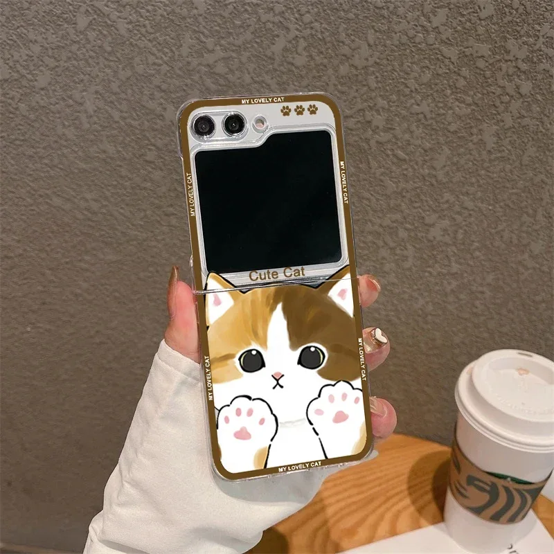 Cute Cartoon Cat Phone Cases for Samsung Galaxy Z Flip 5 ZFlip 6 Clear Cover for Samsung ZFlip 4 3 Hard Shockproof Shell Fundas