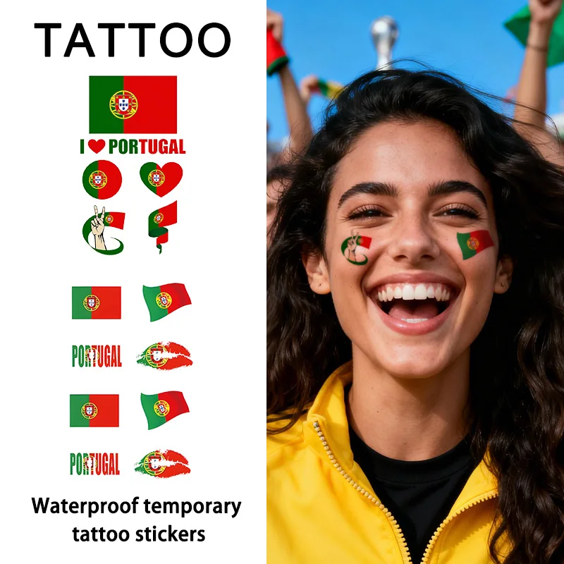 Pegatina de tatuaje temporal con la bandera de Portugal, duradera e impermeable, para festivales, fútbol, pegatinas faciales para aficionados al fútbol, brazo, cara