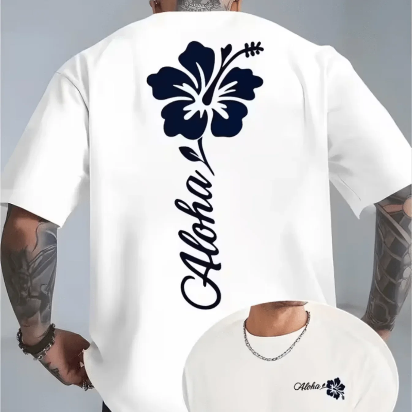 Men' Hawaiian Hibiscus Print T-Shirt - Short Sleeve Crew Neck Summer Shirt with Flower Design Loose Fit Casual Top