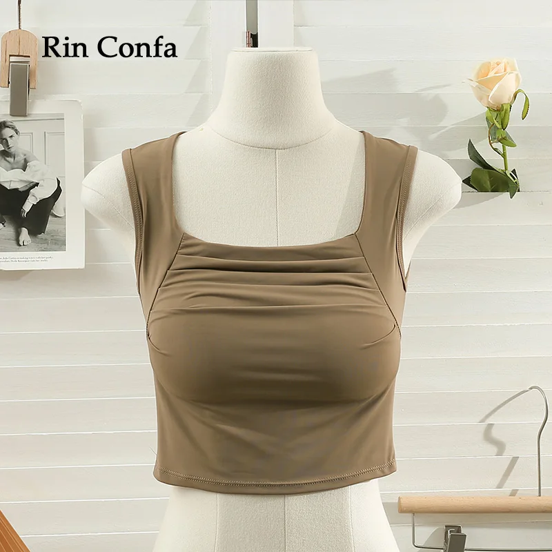 

Rin Confa Korean Fashion Pleated Tank Woman Square Collar Sleeveless Thickened Tanks Women Within Bras Cropped Top Female
