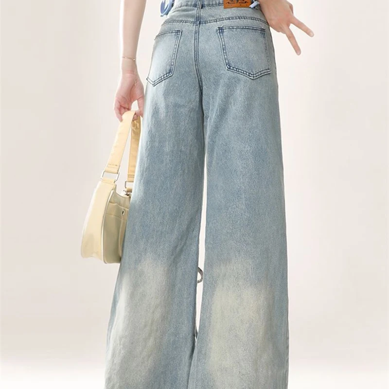 Love American High Waist Wide Leg Jeans for Women Summer 2026 Thin Retro Blue Denim Loose Fit Chic Cowboy Trousers
