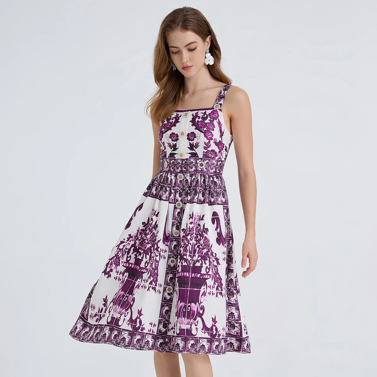 Wein Fashion Positioning Printed Camisole Dress High Waist Slim Fit Nail Buckle A-line Skirt Woman Lady Girl Purple Skirt  Beach