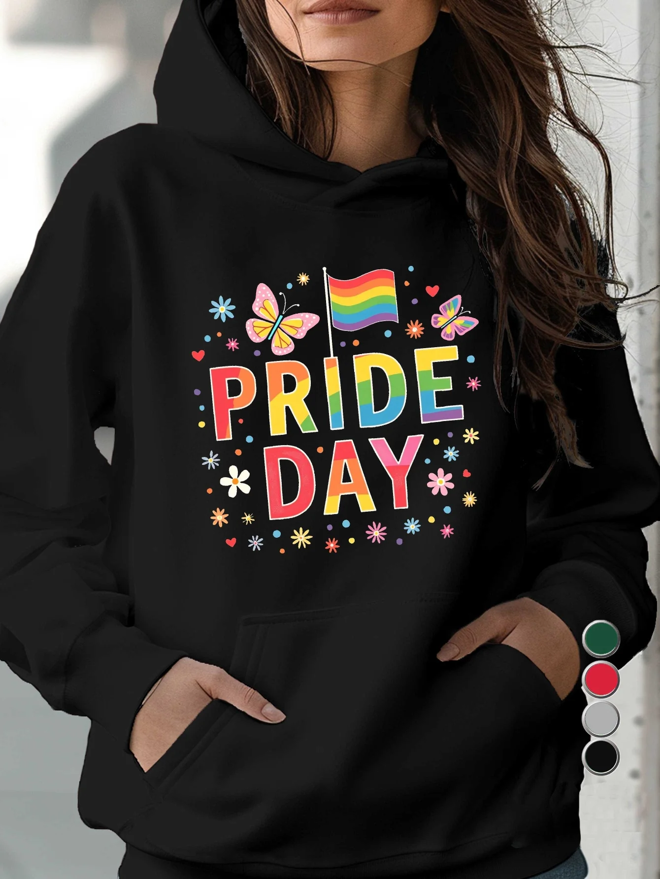 

Pride Day Rainbow Celebration Pattern Hoodie - Black casual pullover, featuring floral and star designs, LGBTQ+ pride apparel