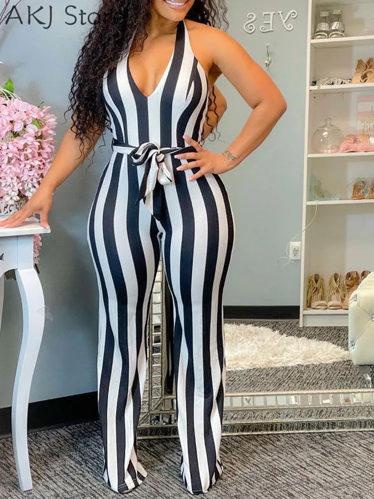 

Black White Striped Halter Sleeveless Jumpsuits With Belt