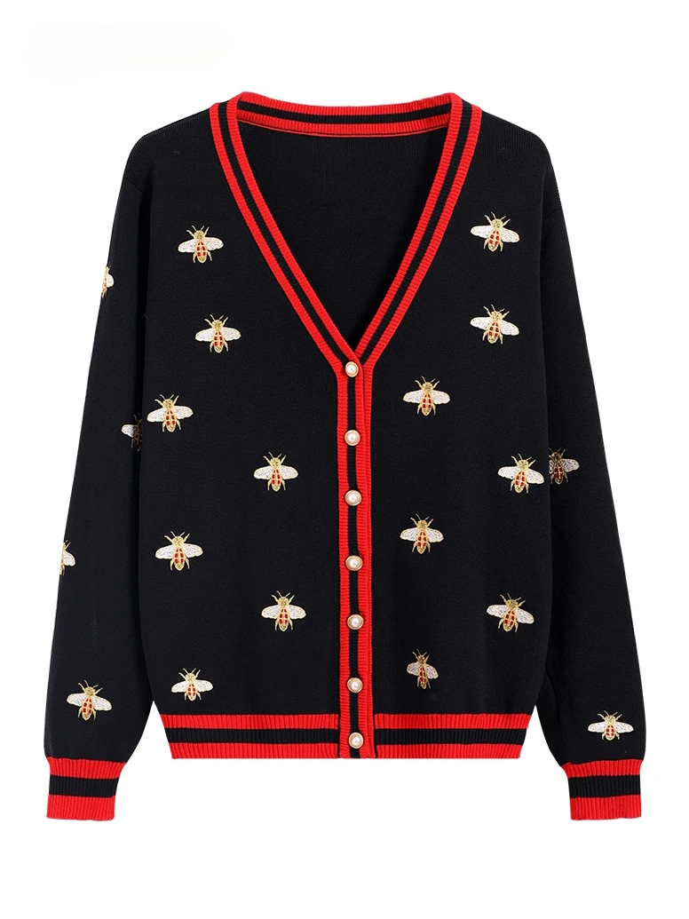 

Autumn New Fashion Designer Bee Embroidery Cardigan Long Sleeve Single Breasted Contrast Color Button Women Knitted Sweaters