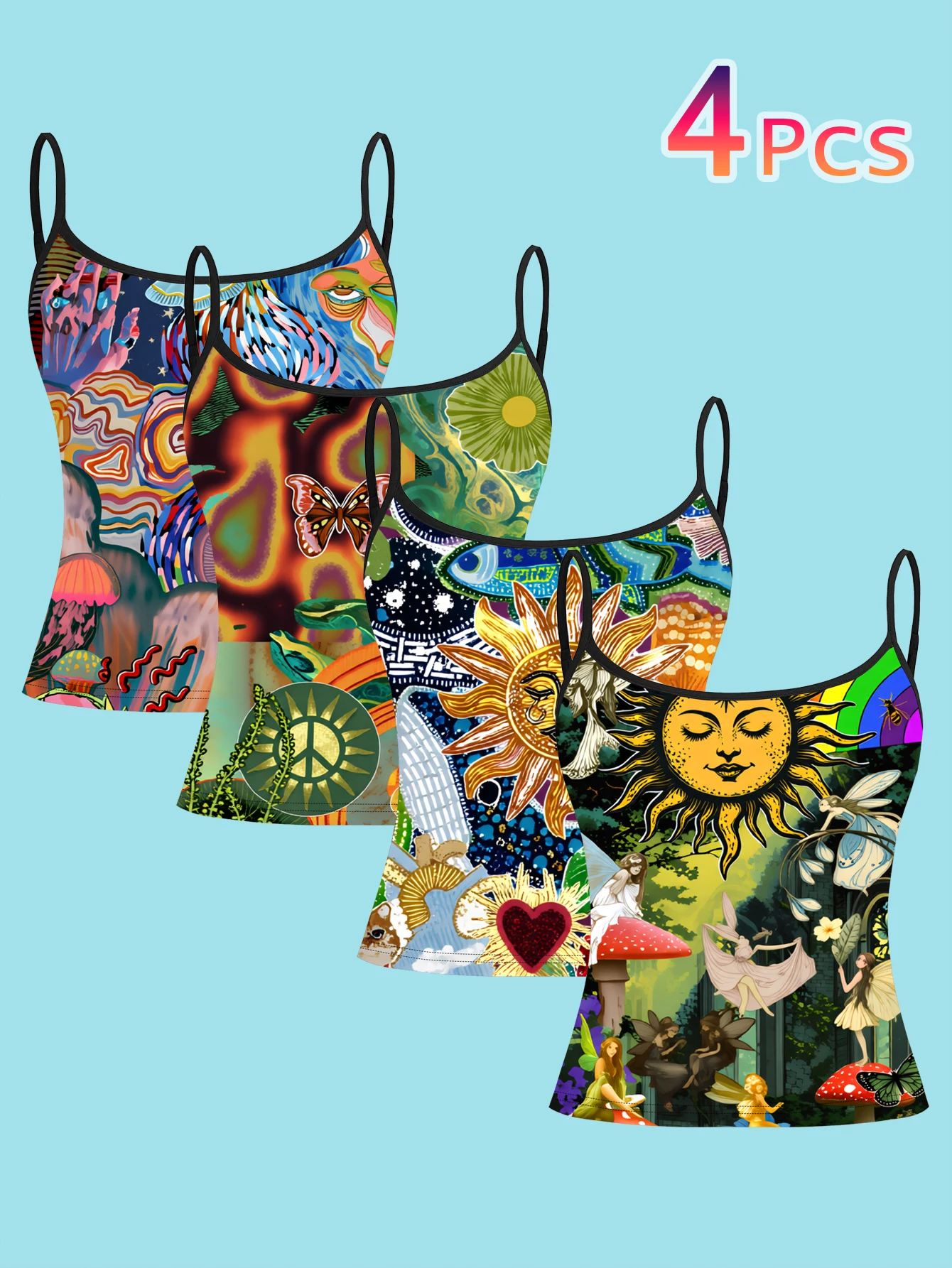4-Piece Set of Psychedelic Hippie-Style Mushroom Fairy Collage Print Camisole for Women, Sun Butterfly Peace Symbol Art Slim-Fit Spaghetti Strap Top