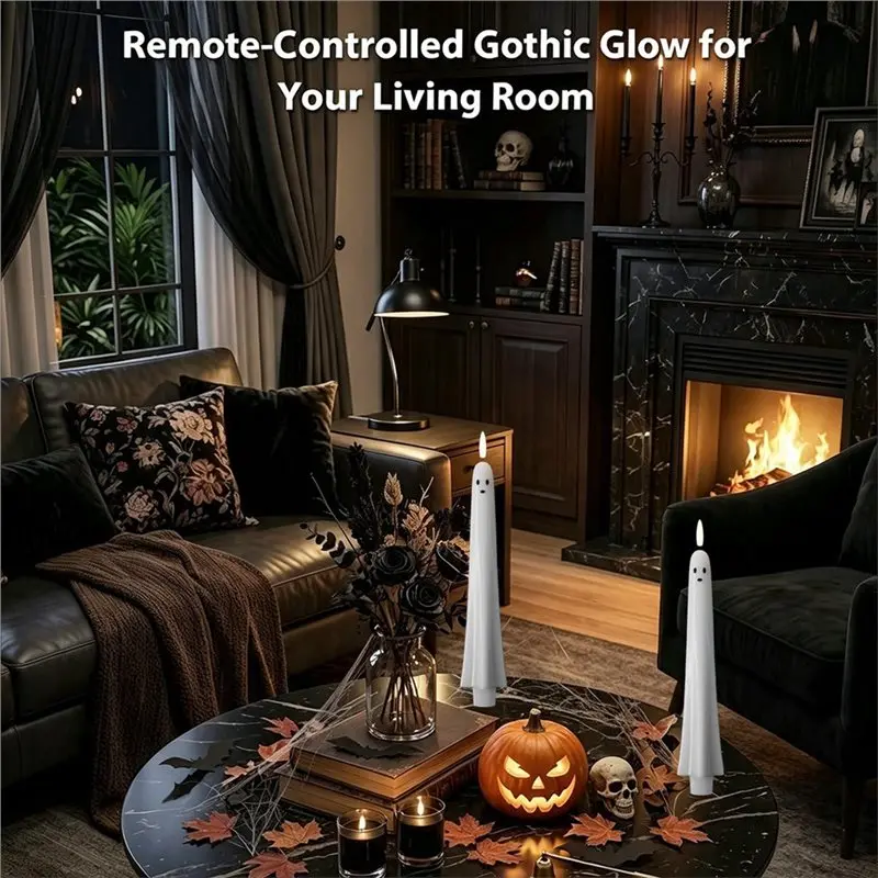 TKOH-6PCS Led Candlesticks With 3D Wick, Remote-Control Timer Function, Ghost Flameless Taper Candles For Halloween Decorations