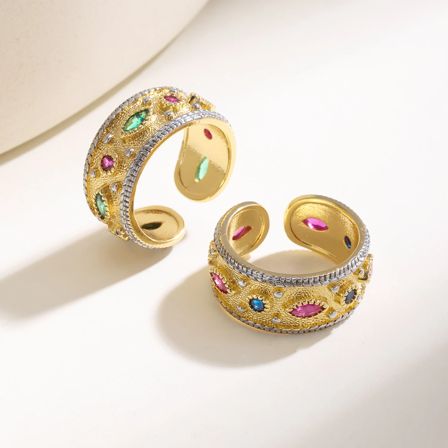 Nidin Luxury Medieval Textured Wide Band Ring Multicolor Zircon Open Adjustable Women Vintage Cocktail Party Finger Jewelry Gift