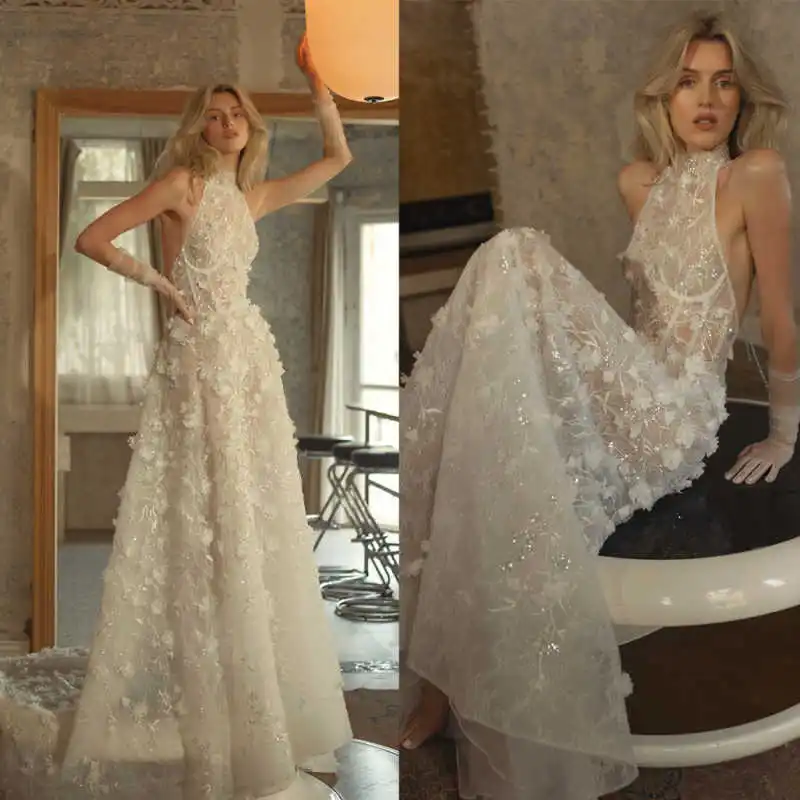 Stunning Sheath Gown Wedding Dresses Sleeveless Halter Full Flower Appliques Bridal Gowns Plus Size Customized vestidos de novia