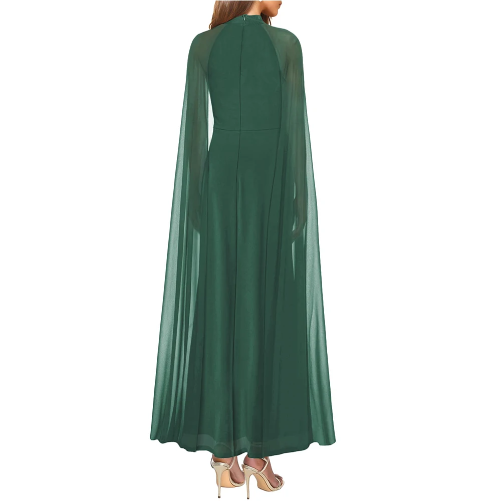 Customized Women's Elegant Long Sleeve Halter Neck Sexy Split Cocktail Evening Party A Line Maxi Long Formal Dress with Cape