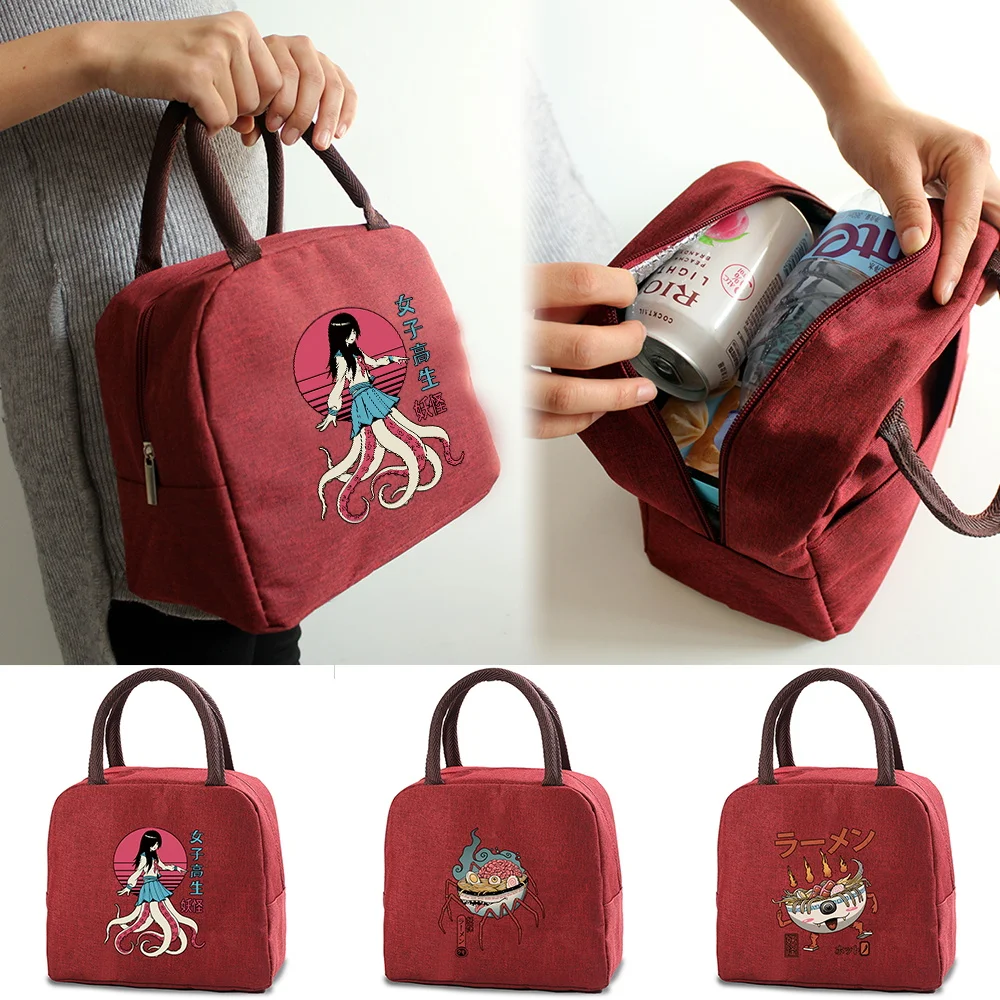 Insulated Lunch Bag Tote Thermal LunchBox Organizer Canvas Packed Food Picnic Cooler Bags for Work Handbags Cute Monster Prints