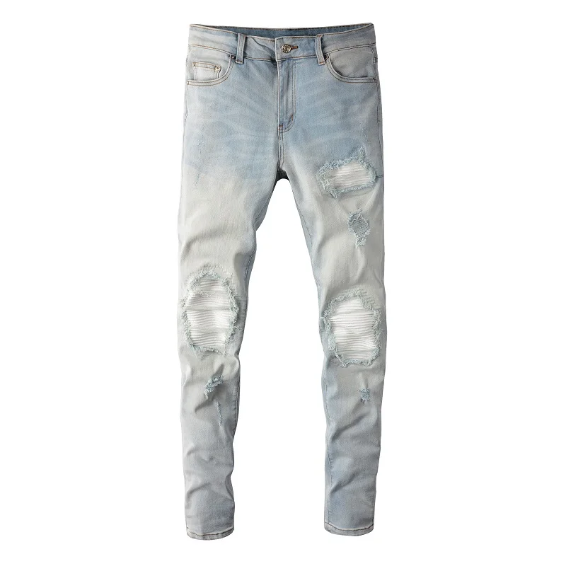 Herren Hellblaue Biker-Jeans mit Rissen, Falten und Patchwork-Design, Stretch-Denim-Hose, Streetwear, Löcher, Zerrissene Skinny-Hose – Detail 15