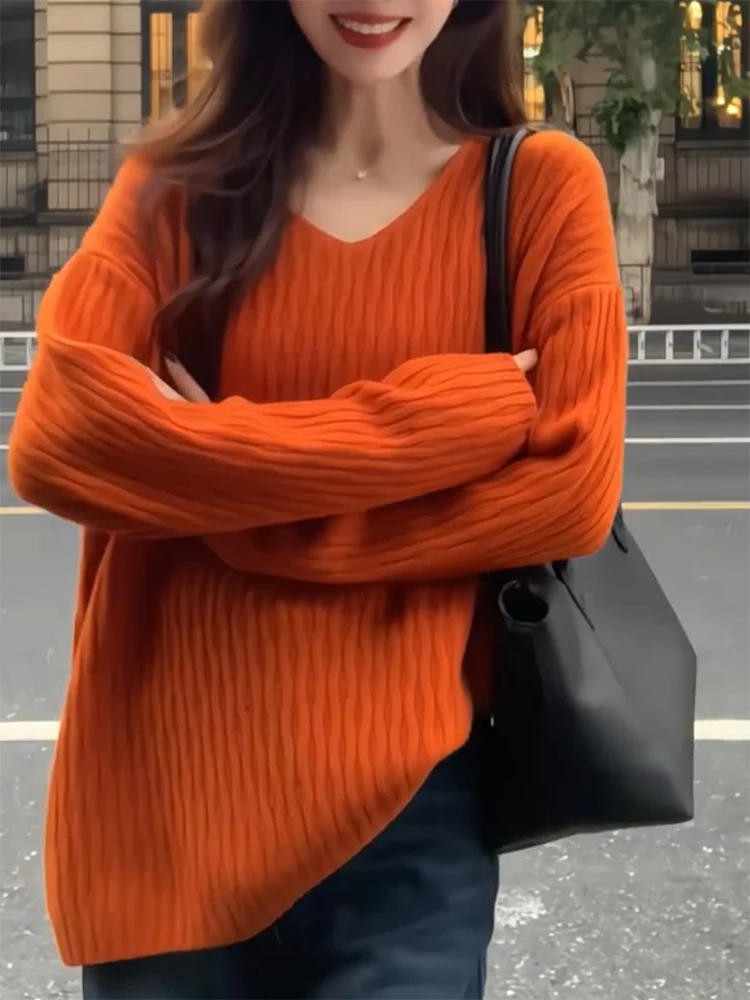 

Korean Sle V-Ne Knitwear Pure Color Women's Faion Slimming Autumn Winter New Large Size Comfortable Warmth Sweater