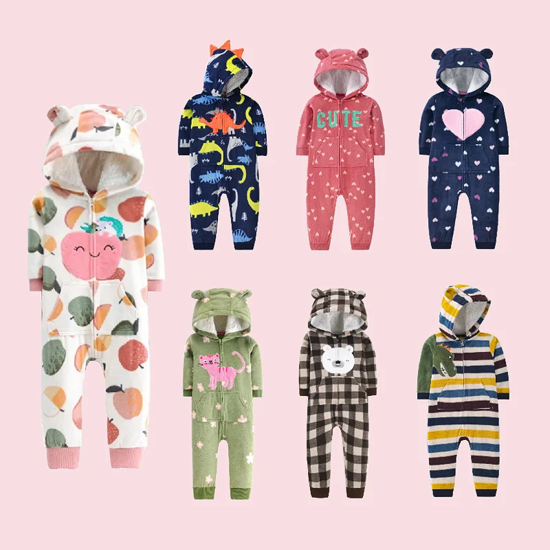 Infant Baby Boy Romper Autumn Winter Polar Fleece Hooded Long-Sleeve Style Warm Overalls Toddler Girls Jumpsuit Baby Clothes