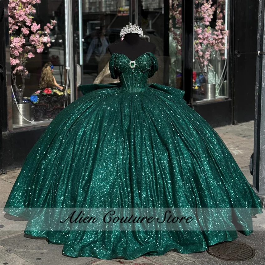 Glitter Emerald Green Diamonds Quinceanera Dresses Princess Pearls Corset Applique Vestidos 15 Quinceañera Lace-up Customized