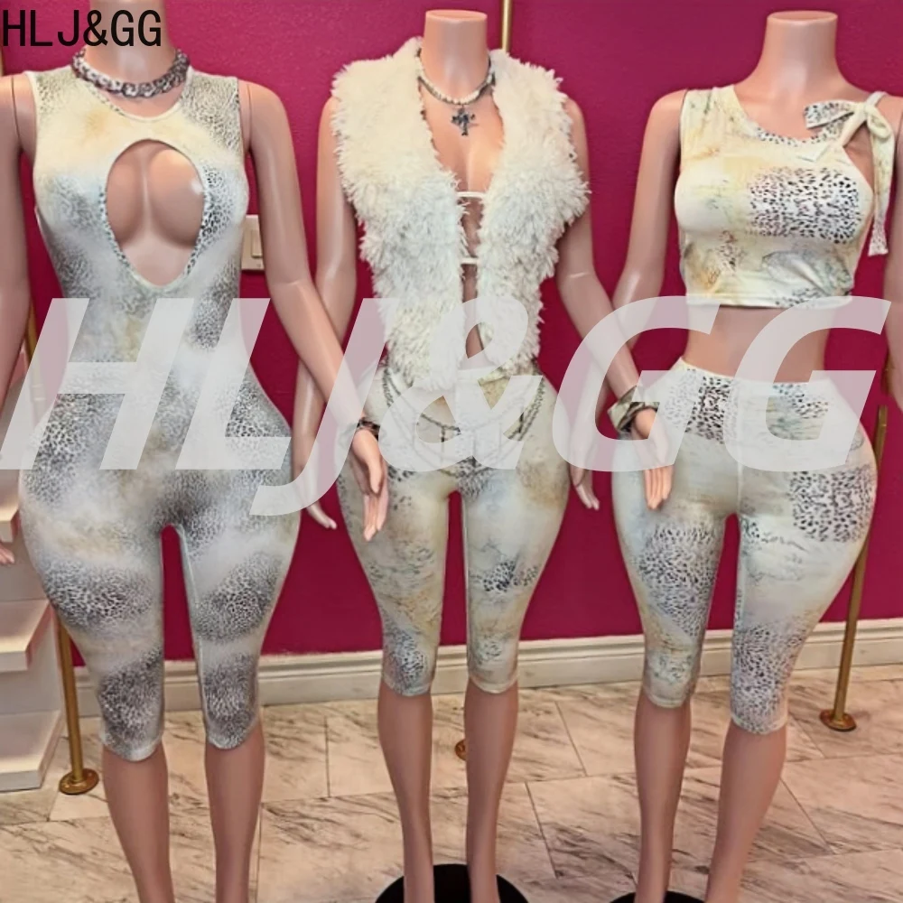 

HLJ&GG Fashion Leopard Print Bandage Two Piece Sets Women Sleeveless Slim Crop Top And Shorts Outfits Sexy 2pcs Streetwear 2025