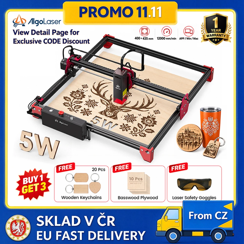 AlgoLaser DIY KIT 5/10W Laser Engraver Laser Cutter with RR2 Rotary Roller, APP Win Mac, Ship from CZ Europe Warehouse,Free Gift