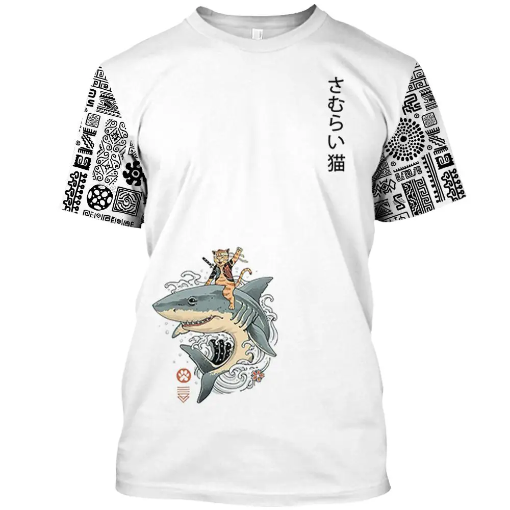 2024 Japanese Samurai Cat T-shirt Summer Tshirts New Men's T-shirt Casual Short Sleeve Sports Fitness Top Retro T Shirt For Men