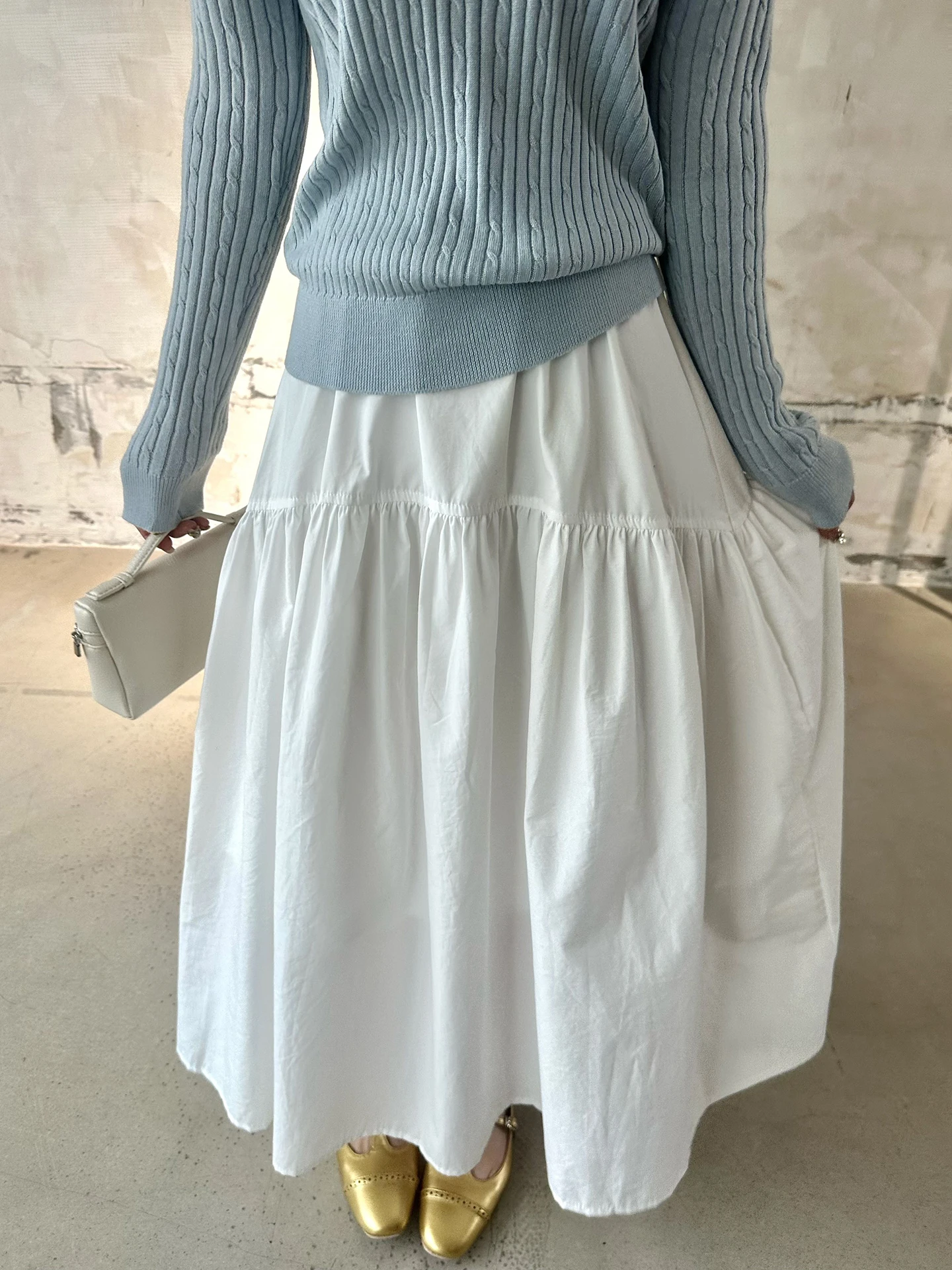 

Women's A-Line Skirt Korean Style Pleated Umbrella Skirt Elastic Waist Workwear Spring Season Cotton Breathable Casual Skirt