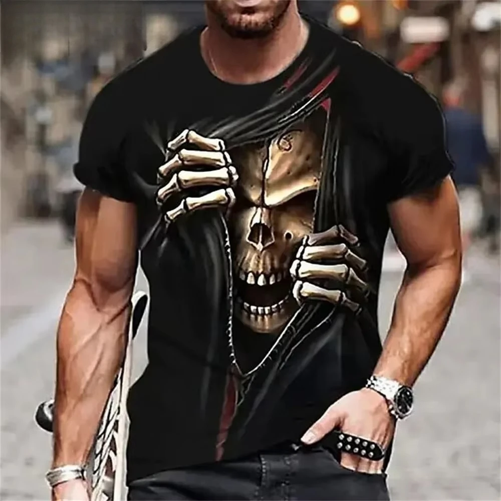 Fun Skull Horror Theme 3D Printed Fashion Men's Round-neck Loose-Weave Breathable Large-Sized T-Shirt - Street Casual Trendy Top