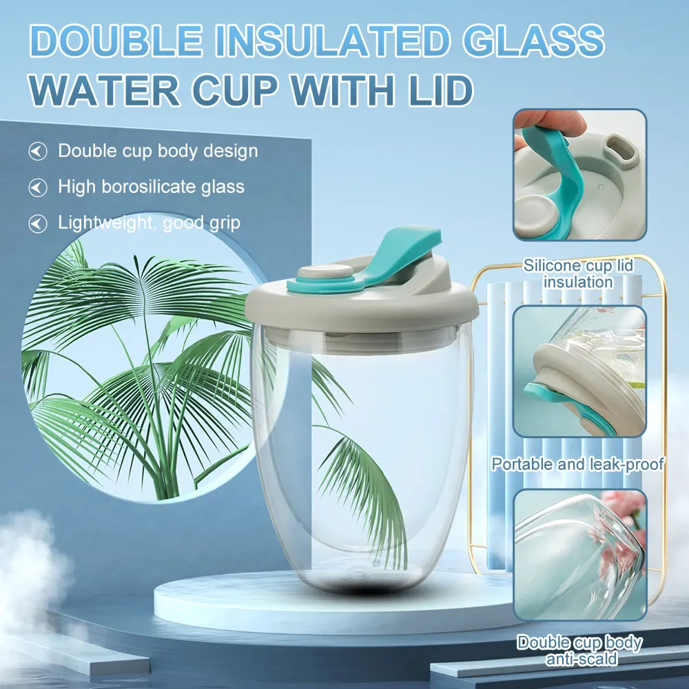 Transparent Double Layer Wall Glass Cup with Silica Leak Proof Lid Insulated Coffee Mug Juice Milk Teacup for Travel Drinkware