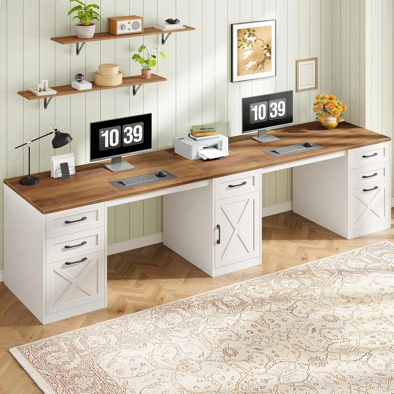 Two Person Computer Desk with 5 Storage Drawers for Home Office 110