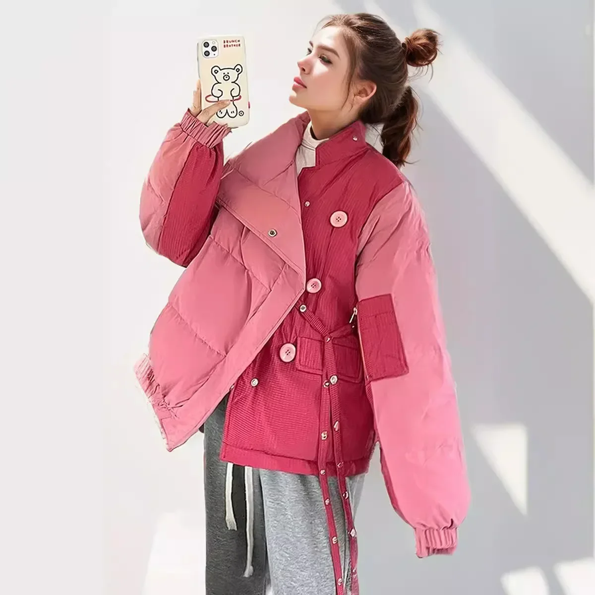 

2025 зимняя женская новая куртка, женская контрастная куртка с высоким воротником, теплая свободная универсальная куртка с хлопковой подкладкой, женская одежда 2025