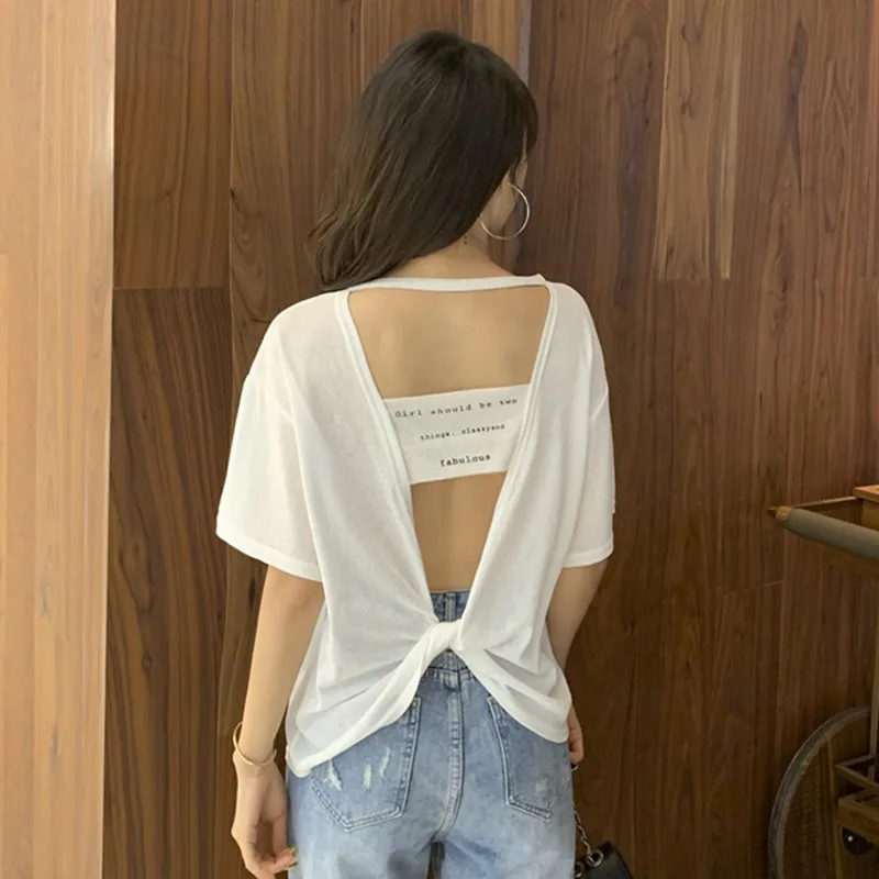 Women\'s T-Shirt Casual Shiny Round Neck Letter Print Short Sleeve Loose Pullover Simple Backless Top