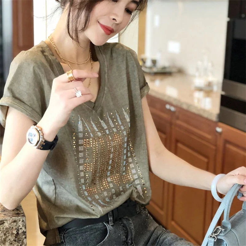 

Женская люксовая футболка свободного кроя с V-образным вырезом, стразами, из чистого хлопка, с коротким рукавом, удобная, дышащая, летняя, в корейском стиле