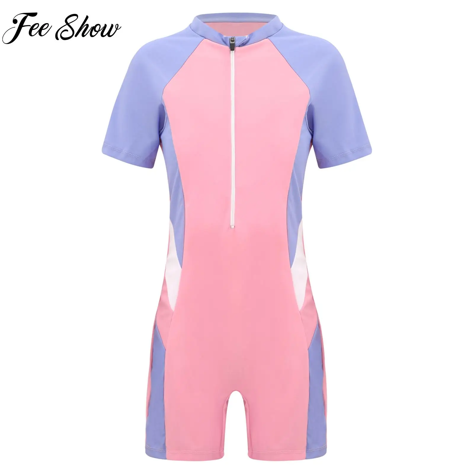 Kids One-piece Swimsuit Short Sleeve Zipper Jumpsuit Surfing Bathing Suit Girls Sport Swimwear Pool Beach Rash Guard