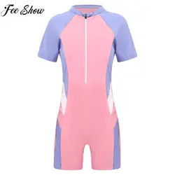 Costume da bagno intero per bambini tuta con cerniera a maniche corte costume da bagno da surf costume da bagno sportivo per ragazze piscina Rash Guard da spiaggia