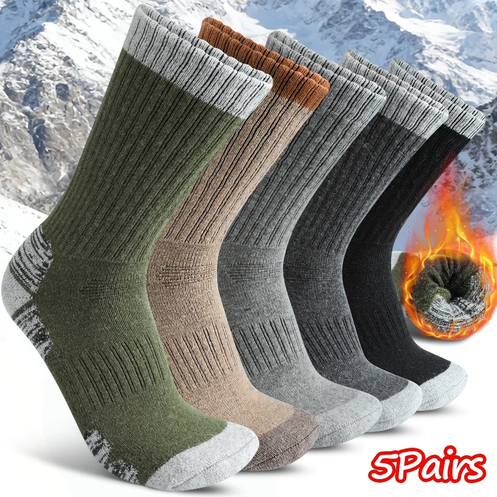 5 Pairs Men's Winter Wool Socks, Thick Warm Cushioned Mid-Calf Crew Socks for Cold Weather Hiking Camping Work Trekking