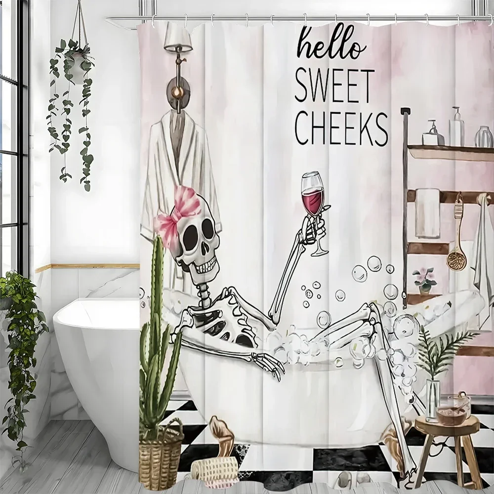 Skeleton Skeleton Fun Fashion Funny Black Pink Weird Horror Sweet Shower Curtain, Bathroom Decorative Shower Curtain, Waterproof