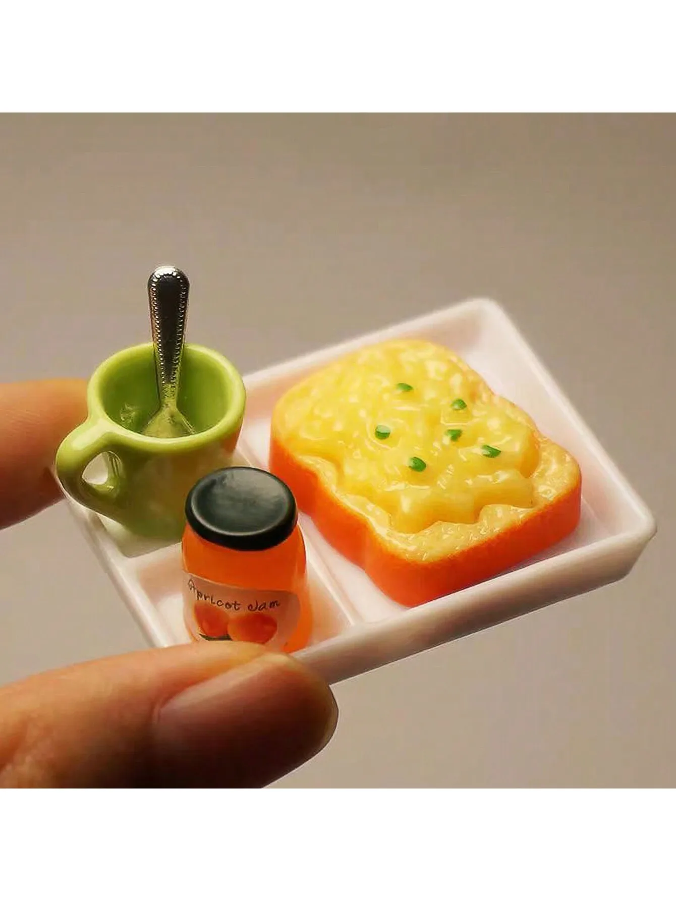Random 1 set，Dollhouse Miniature Food Set 1:12 Scale Mini Simulation Kitchen Toys, Includes Jam, Toast, Cups, Spoons, Plates,