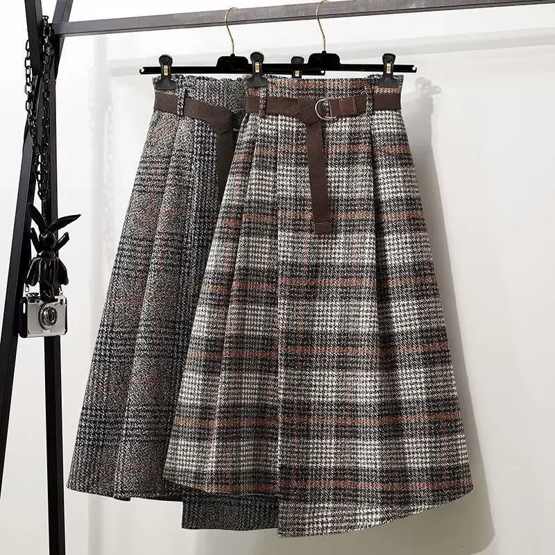 

WoolenPlaid Irregular Large-Length Skirt New Spring-Autumn Vintage High-Waisted Slimming Medium-Length Women's Skirt