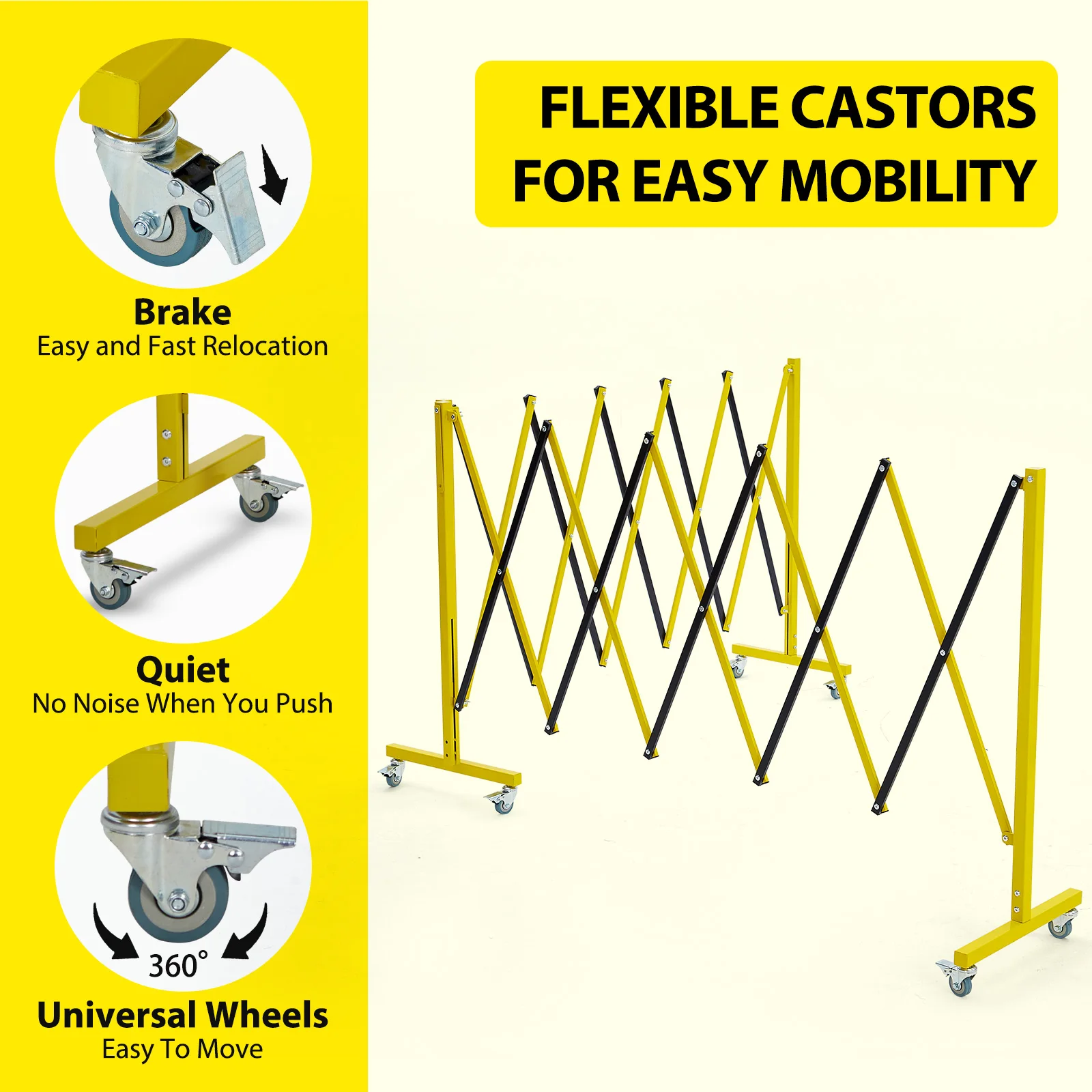 19.8 FT Industrial Expandable Metal Barricade, Rotatable & Portable Safety Barrier with a Warning Board and Casters