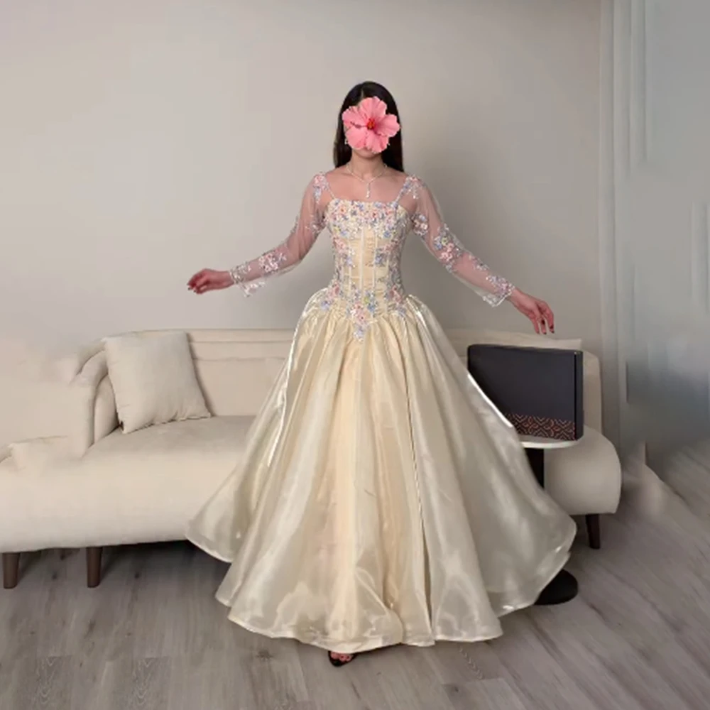 

2026 Women's Formal Evening Gowns Elegant Square Neck Long Sleeve A-Line Appliques Evening Dresses Party Gowns Vestidos De Gala