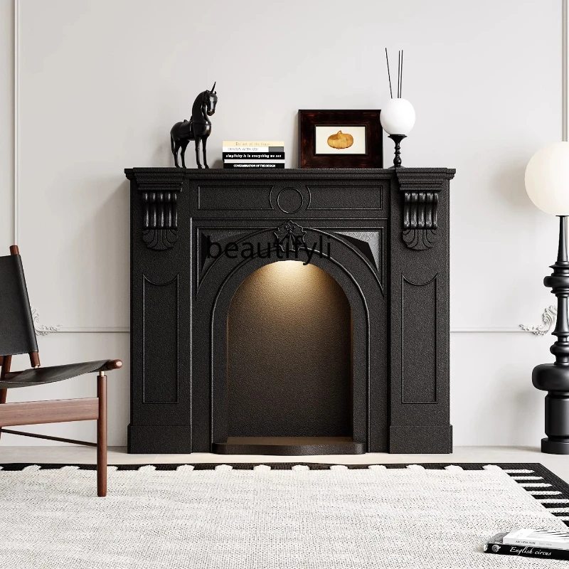 

French fireplace decorative cabinet black shelf medieval side cabinet living room high-end engraved entrance cabinet