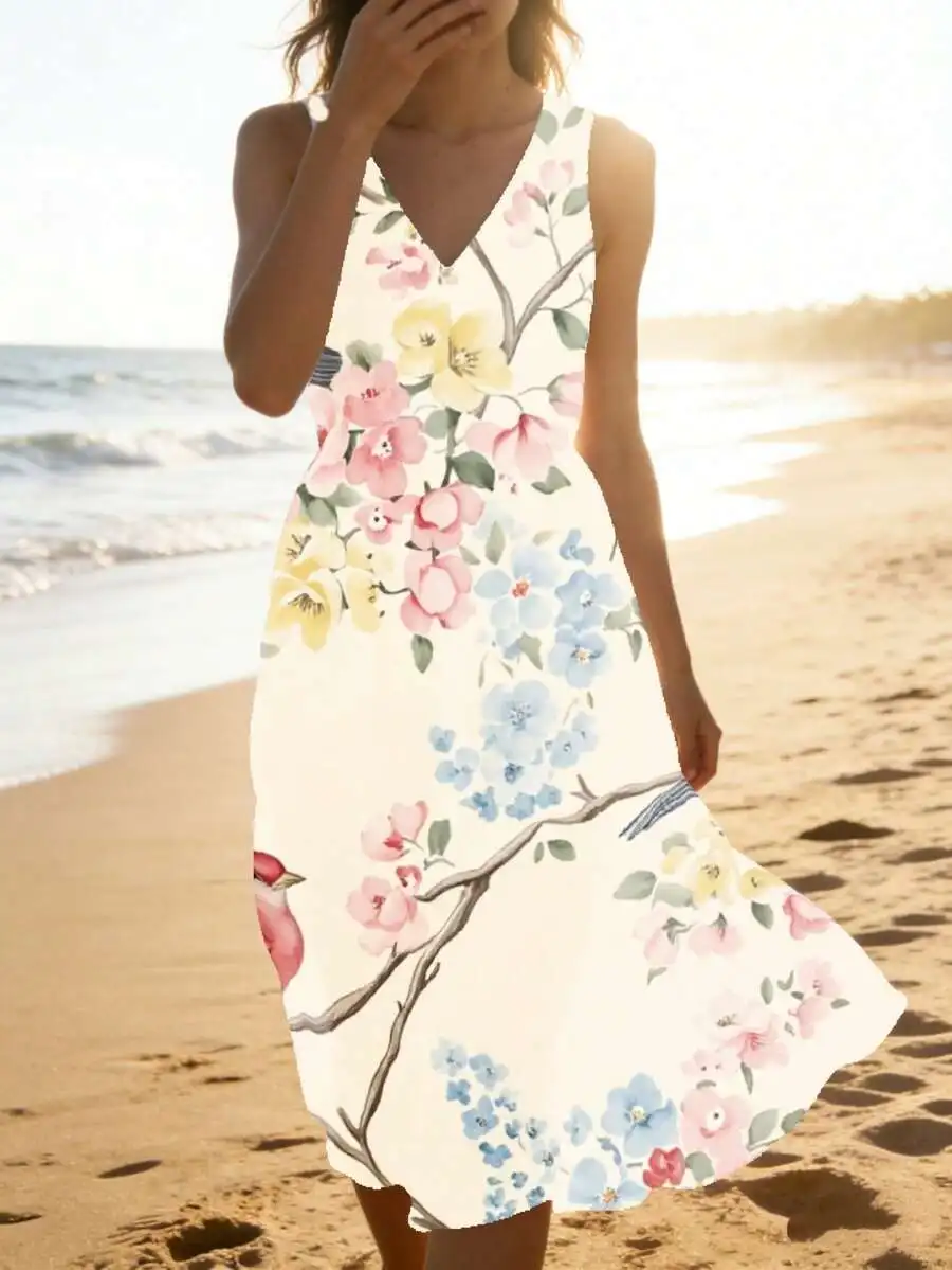 

Floral Print Sleeveless V Neck Dress Cream Pink Yellow Blue Flowers Birds Beach Summer Outfit