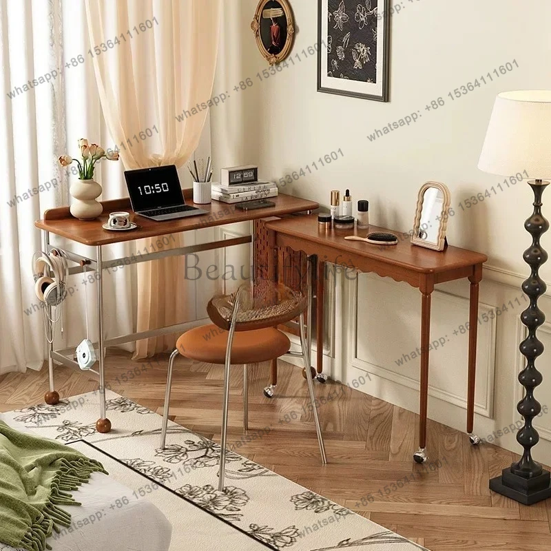 French retro solid wood retractable desk bedroom study home medieval simple rotatable desk