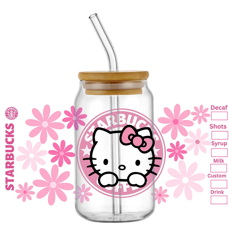 Libbey 16oz için Miniso karikatür sevimli kedi Can cam 3D su geçirmez UV DTF kahve Libbey cam Wrap sarın olabilir