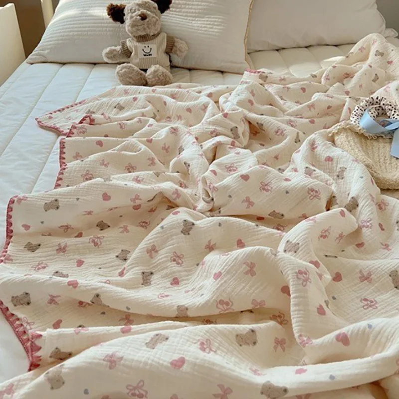 Pure Cotton Double-layer Yarn Blanket Ins Cartoon Teddy Bear Air Conditioning Quilt Travel Shawl Summer Bedcover Home Bedding