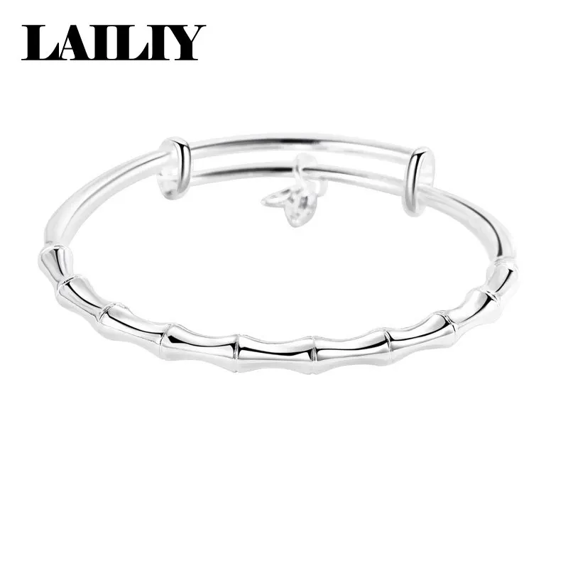LAILIY 925 Sterling Silver New Birthday Gift Party Lucky Bamboo Adjustable Push Pull Bracelet Bangle For Women Fashion Jewelry