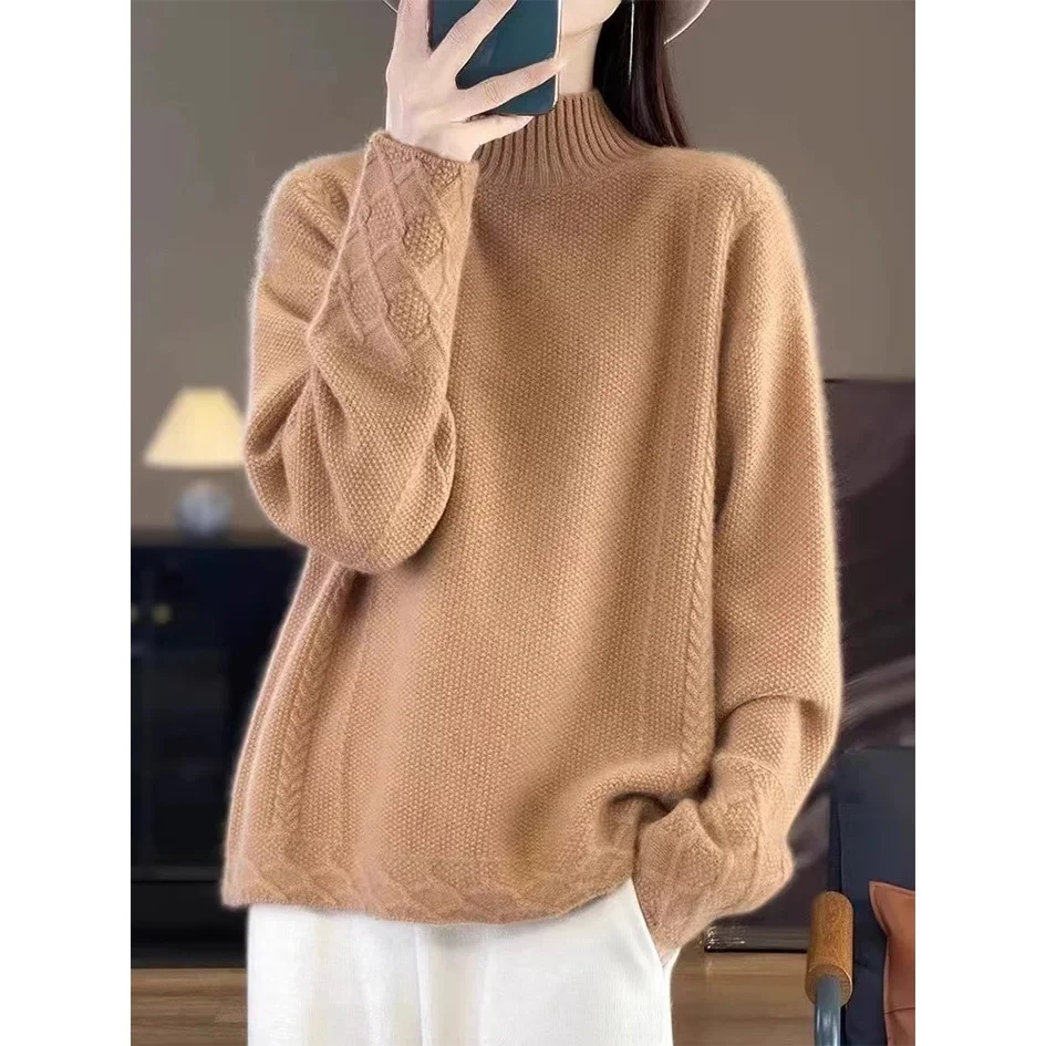 

Thiened вязаный шерстяной свитер женский осенне-зимний модный антивозрастной женский свитер из пряжи с высоким воротником