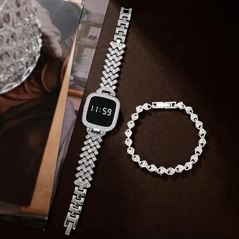 مجموعة الساعات الرقمية النسائية سوار مجاني مربع LED السيدات ووتش سبيكة طالب فتاة اللمس الأزياء الإلكترونية المرأة ووتش
