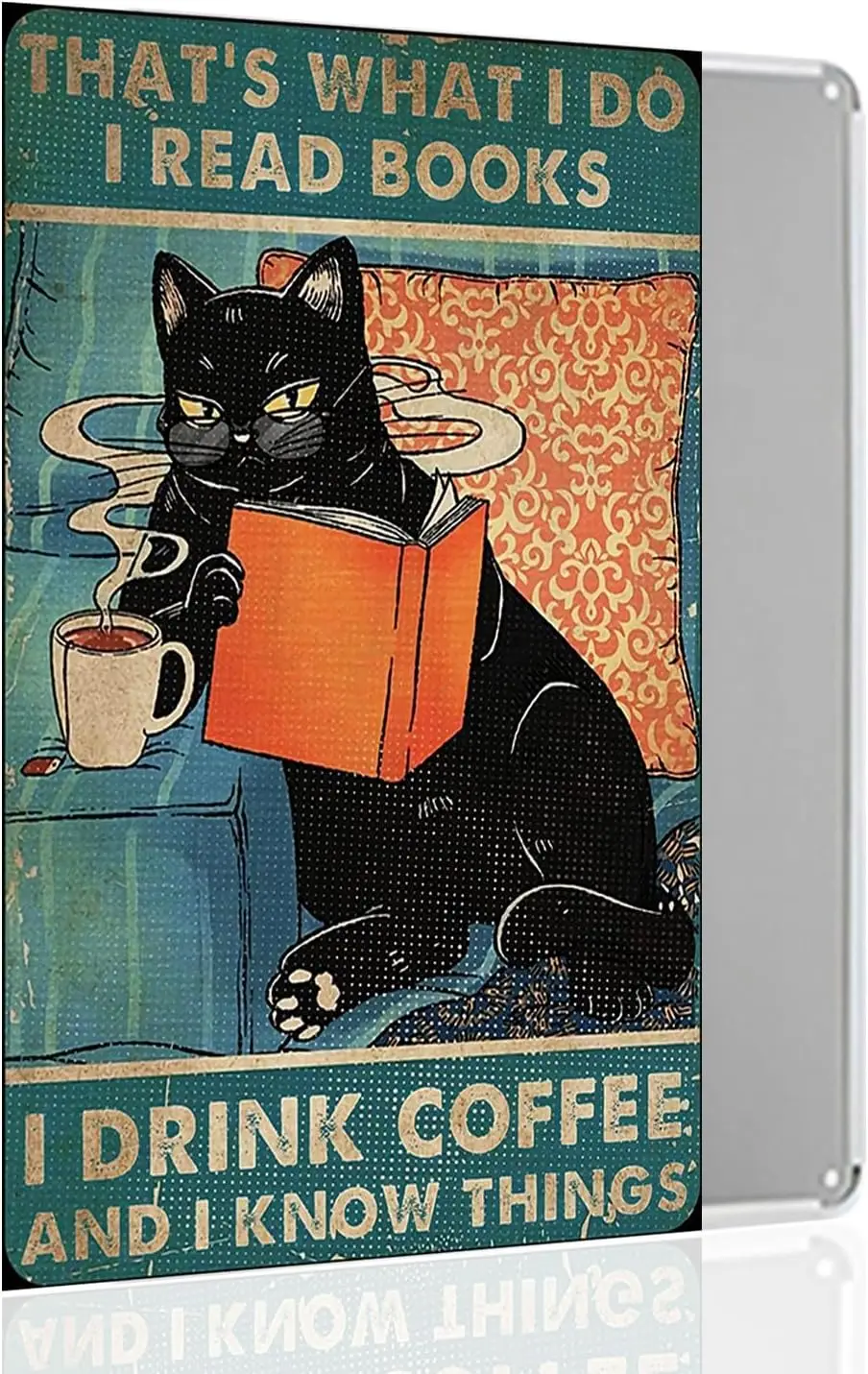 Vintage Black Cat Sign, Funny Cat Reading and Coffee Wall Decor Retro Metal Sign for Bathroom Bedroom, That's What I Do I Re