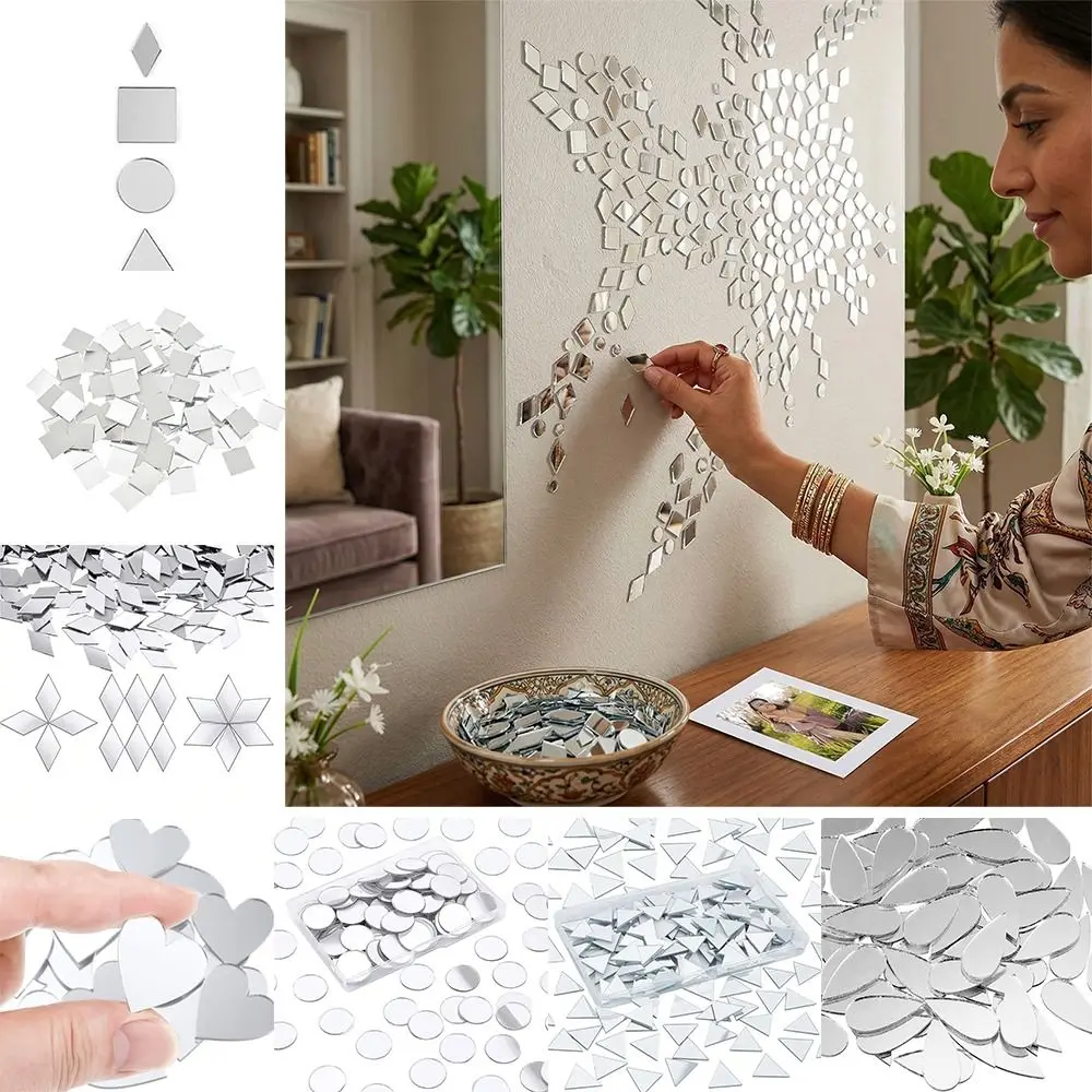 200PCS Multi Shape DIY Craft Mirror Stickers Acrylic Round Square Triangle Mirror Tiles Decals 2.5cm DIY Accessories