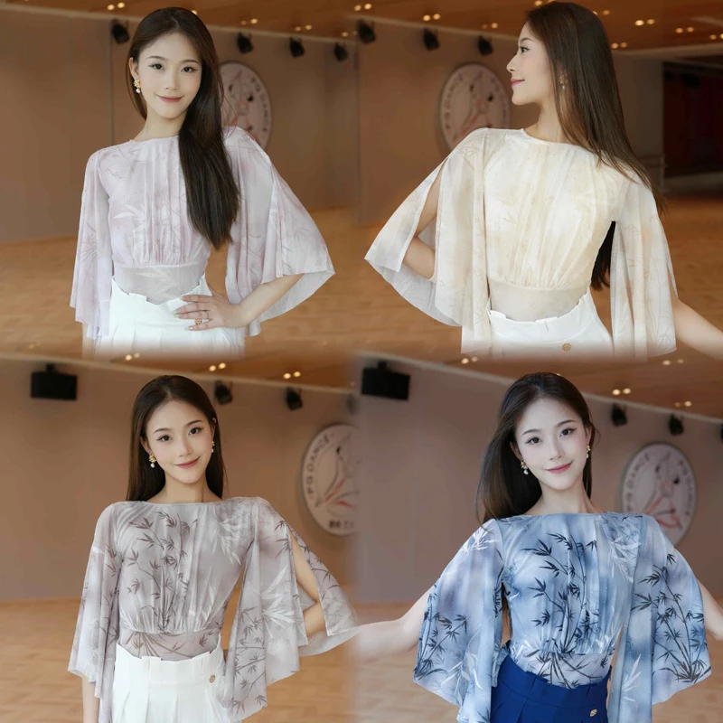

Adults Mesh Floating Sleeves Latin Dance Top Women'S Samba Ballroom Dance Competition Tops Female Training Clothes SL13120