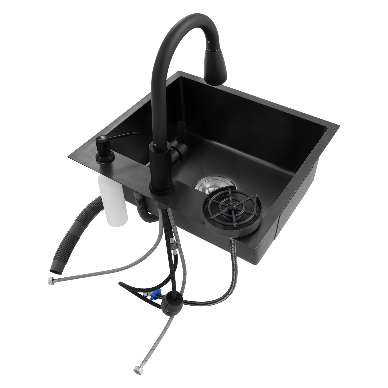 حوض المطبخ مع صنبور قابل للسحب وسلة تصريف، طقم حوض فردي من الفولاذ المقاوم للصدأ باللون الأسود مقاس 50 × 45 سم