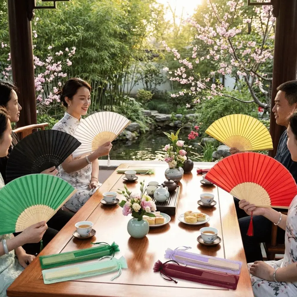 Chinese Style Folding Fan Cooling Tool Wear Resist Bamboo Hand Fan with Organza Bag with Tassel Silk Hand Fan Wedding Favors
